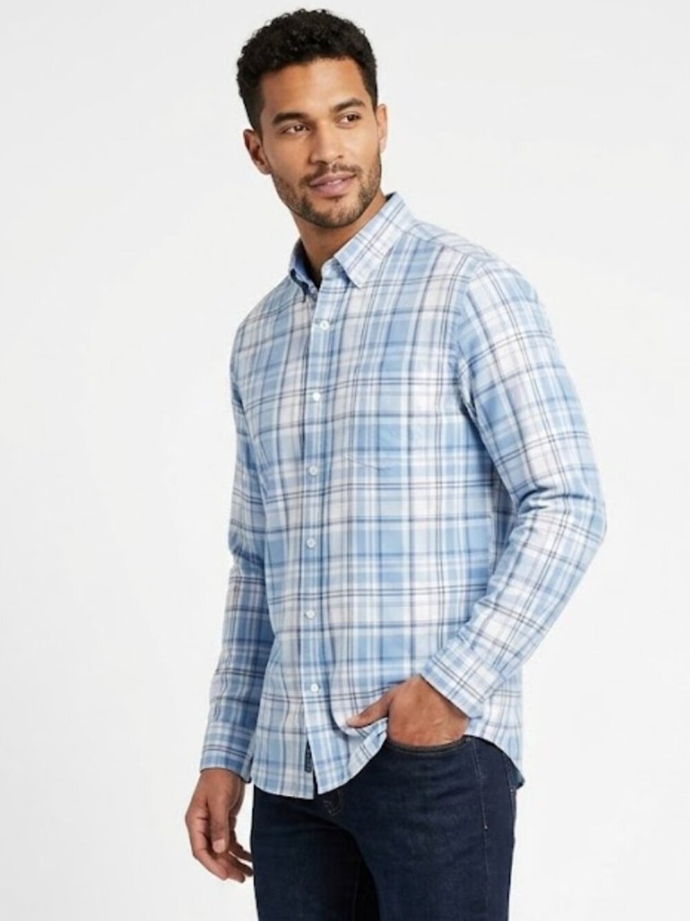George Men’s Plaid Button‑Down Shirt · Blue/White Long Sleeve · Size Large 42‑44